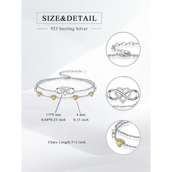 Infinity Heart Birthstone Charm Link Anklets Bracelets for Women 925 Sterling Si - Picture 6 of 7
